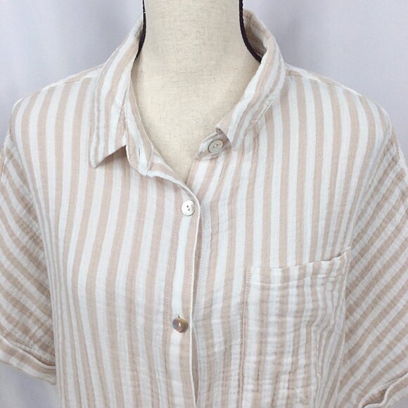 Angels Forever Young Top Womens Size 1X White Beige Striped Muslin Button Down - Picture 5 of 8